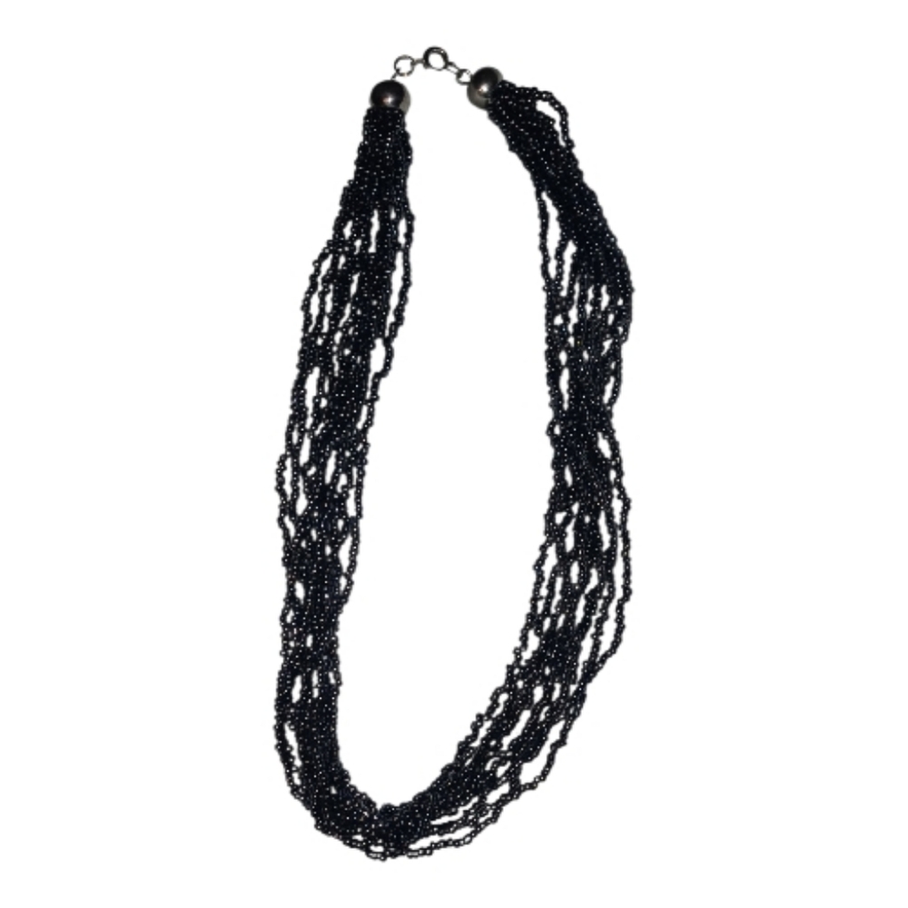 BLACK GLASS SEED BEAD NECKLACE 18" MULTI STRAND